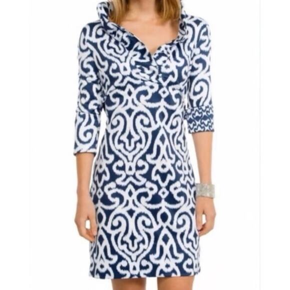 Gretchen Scott Dresses & Skirts - Gretchen Scott Jersey Ruffneck Dress Navy & White Arabesque Pattern Womens Small